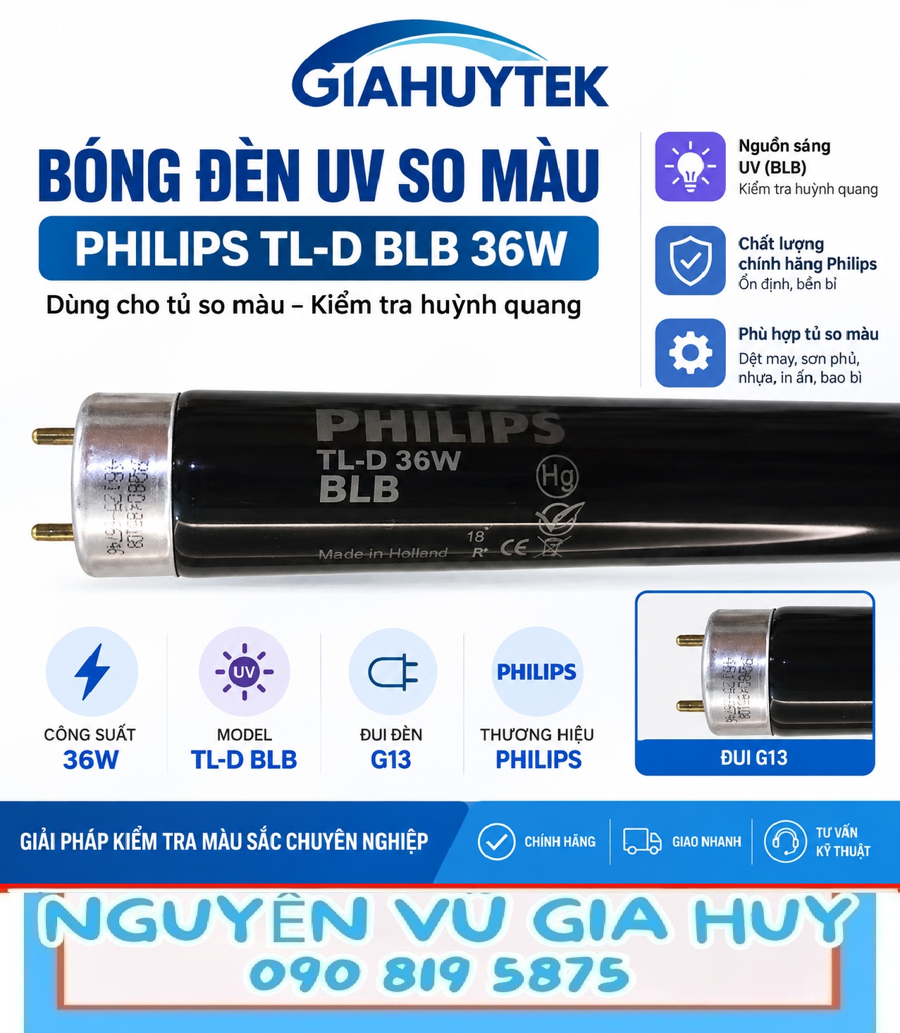 Bóng đèn UV Philips TL-D BLB 36W đui G13 dùng cho tủ so màu 3nh và kiểm tra huỳnh quang